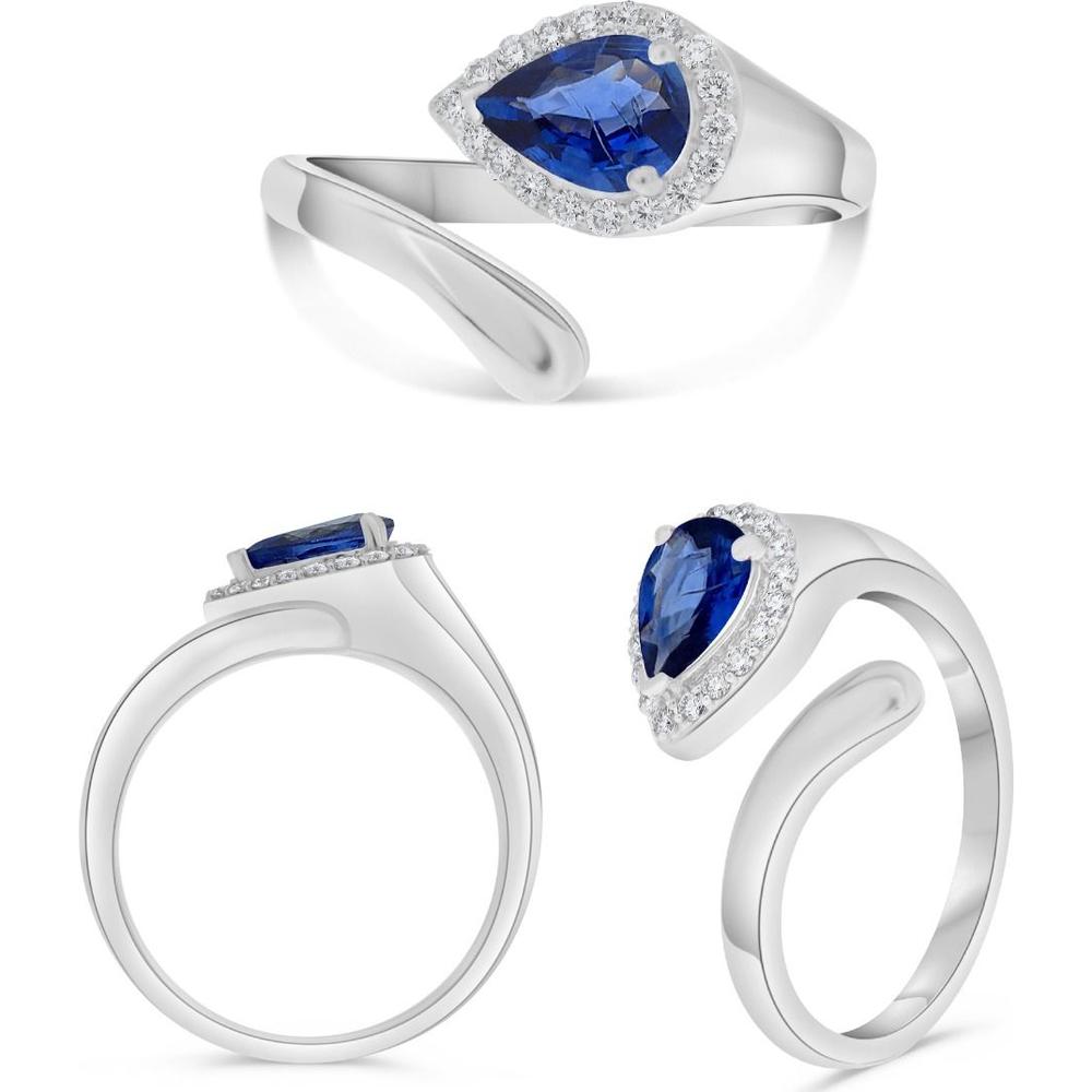 Roman & Jules - 14K White Gold Pear Shape Sapphire and Diamond Wrap Around Ring - 0.65 Carat Sapphire, 0.13 Carat Total Diamond Weight