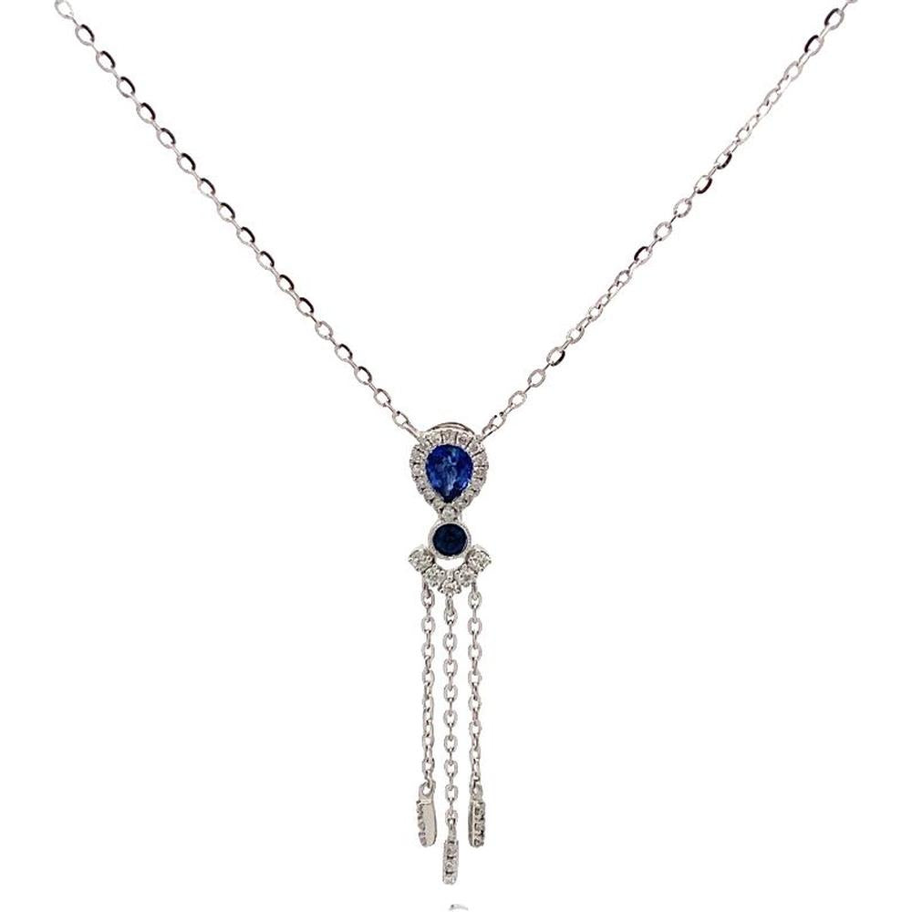 Roman & Jules - 14K White Gold Pear Shape Sapphire Necklace with Round Diamond Halo - 0.16 Carat Total Diamond Weight
