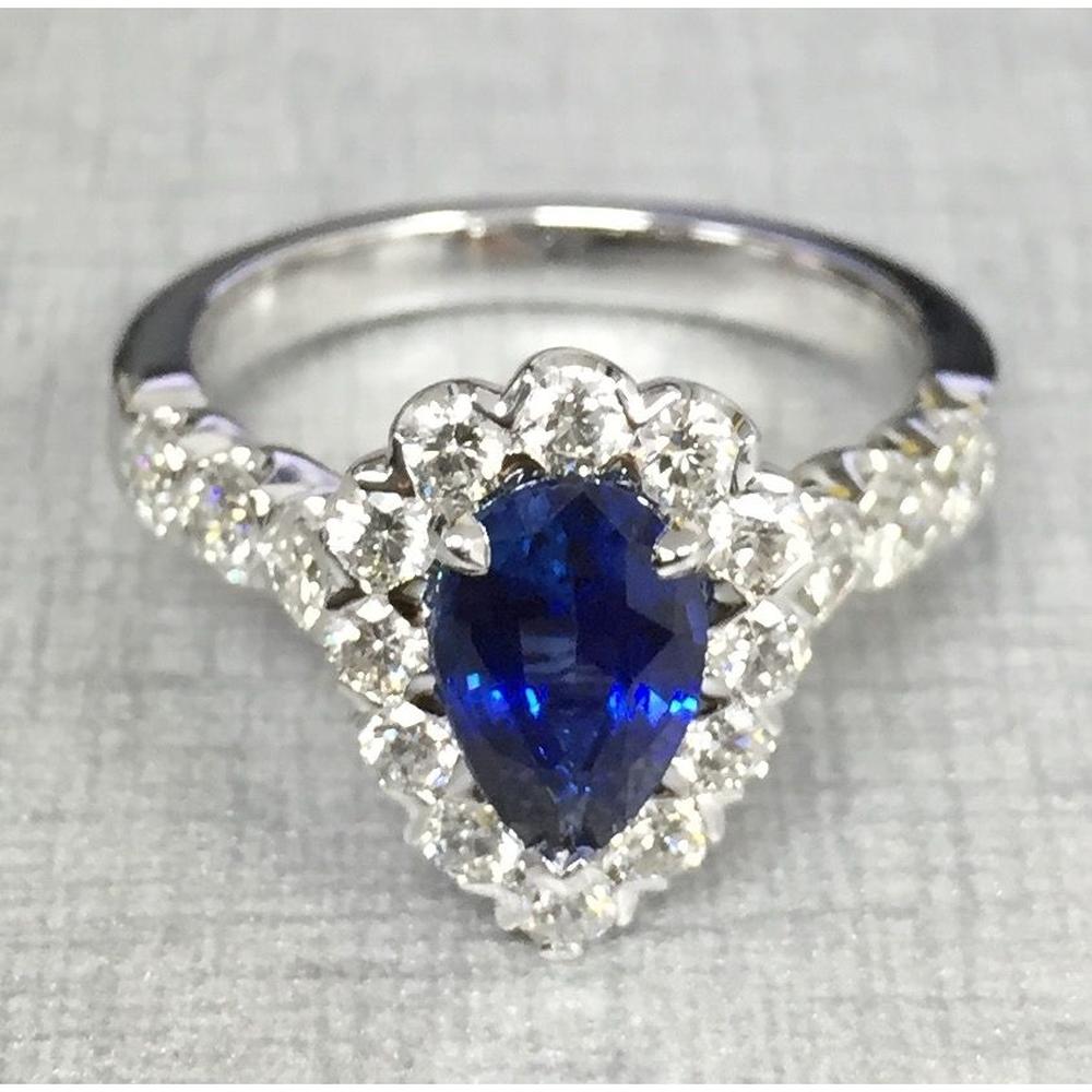 Roman & Jules - 14K White Gold Pear Shape Sapphire Ring with Diamond Halo - 0.63 Carat Total Diamond Weight
