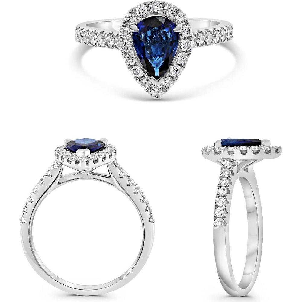 Roman & Jules - 14K White Gold Pear Shape Sapphire Ring with Round Diamond Halo - 1.59 Carat Total Diamond Weight