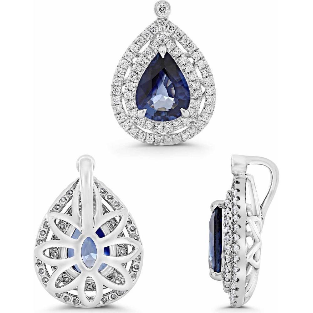 Roman & Jules - 14K White Gold Pear-Shaped Blue Sapphire Pendant with Double Diamond Halo - 1.25 Carat Sapphire and 0.21 Carat Diamond Total Weight
