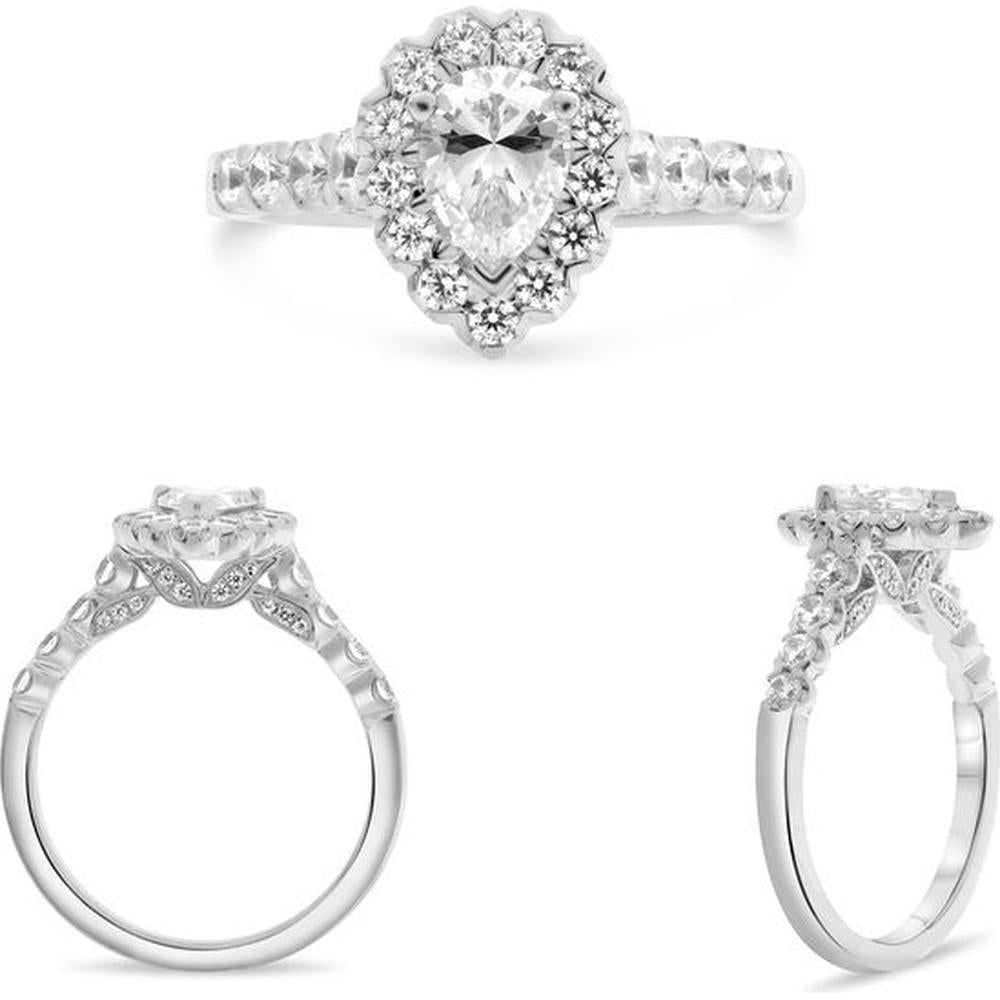Roman & Jules - 14K White Gold Pear-Shaped Diamond Engagement Ring with Round Halo - 1.23 Carat Total Diamond Weight