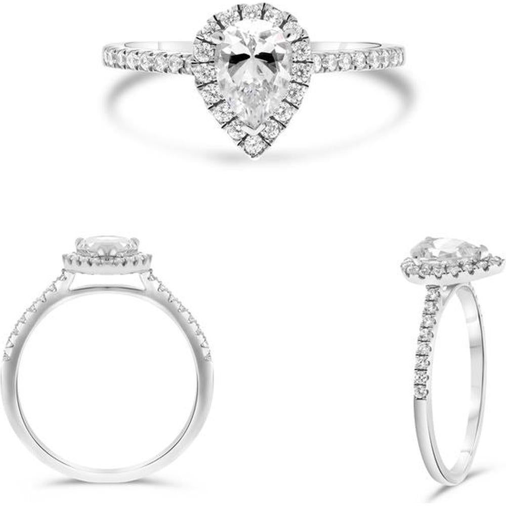 Roman & Jules - 14K White Gold Pear-Shaped Diamond Three Prong Halo Engagement Ring with Round Diamonds - 0.27 Carat Total Diamond Weight