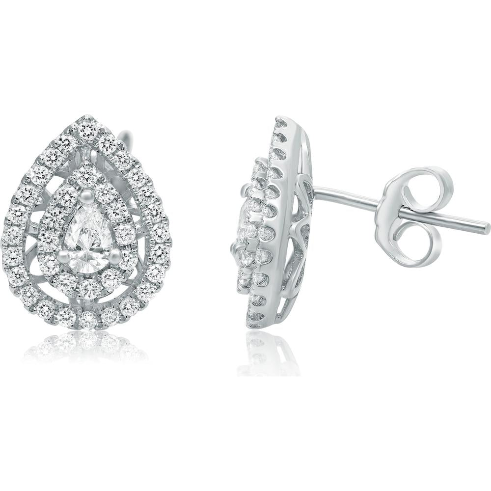 Roman & Jules - 14K White Gold Pear-Shaped Double Halo Diamond Stud Earrings with 0.30 Carat Pear Centers and 0.56 Carat Round Diamonds