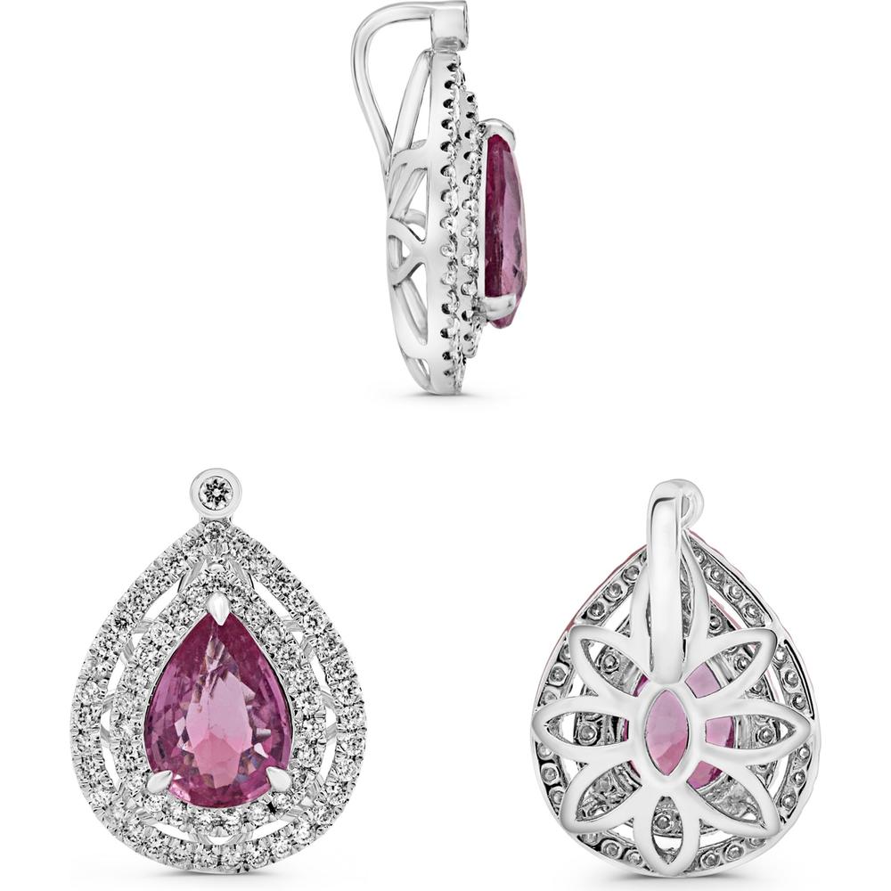 Roman & Jules - 14K White Gold Pear-Shaped Pink Sapphire Pendant with Double Diamond Halo - 1.02 Carat Pink Sapphire and 0.21 Carat Diamond Weight