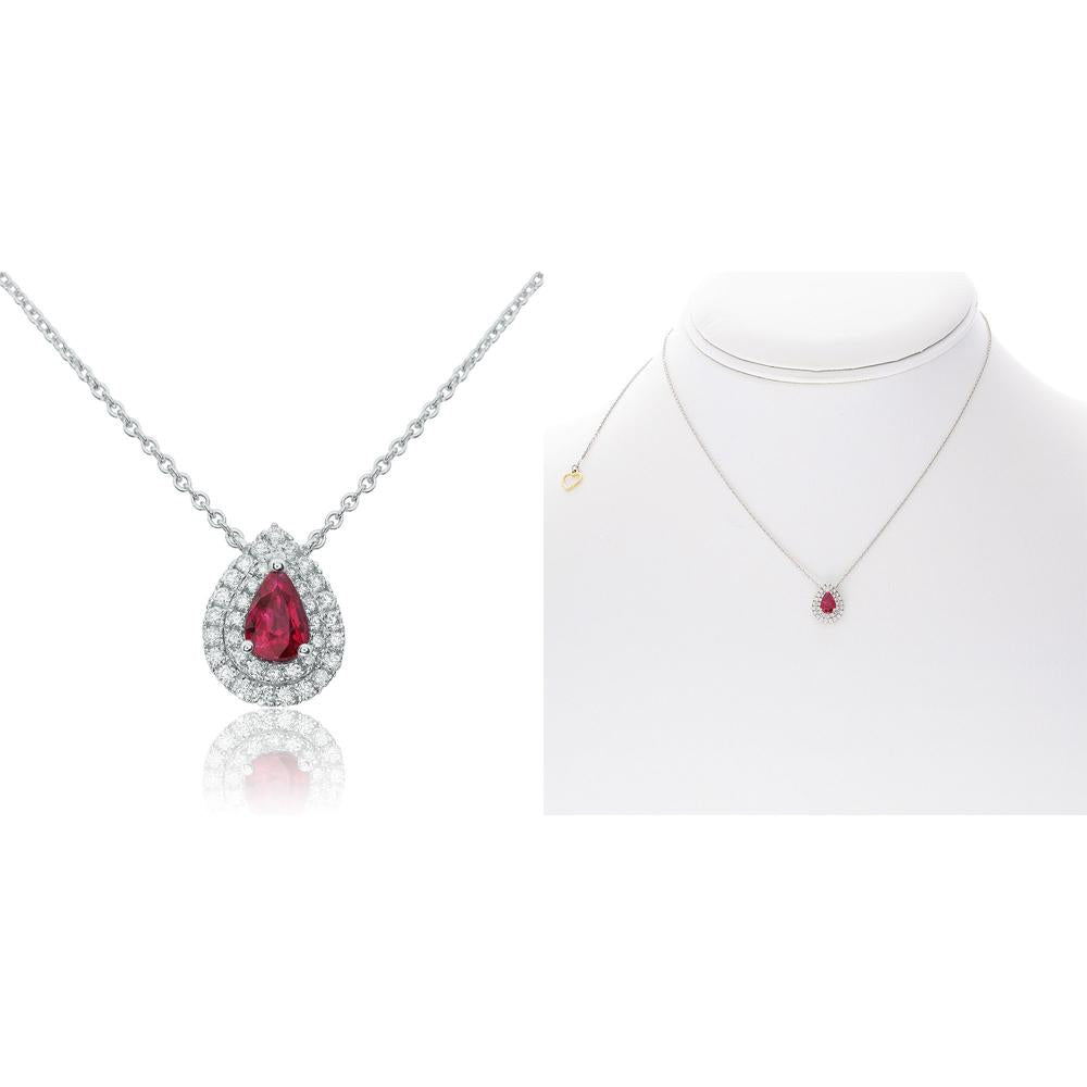 Roman & Jules - 14K White Gold Pear-Shaped Ruby Necklace with Diamond Halo - 0.23 Carat Total Diamond Weight