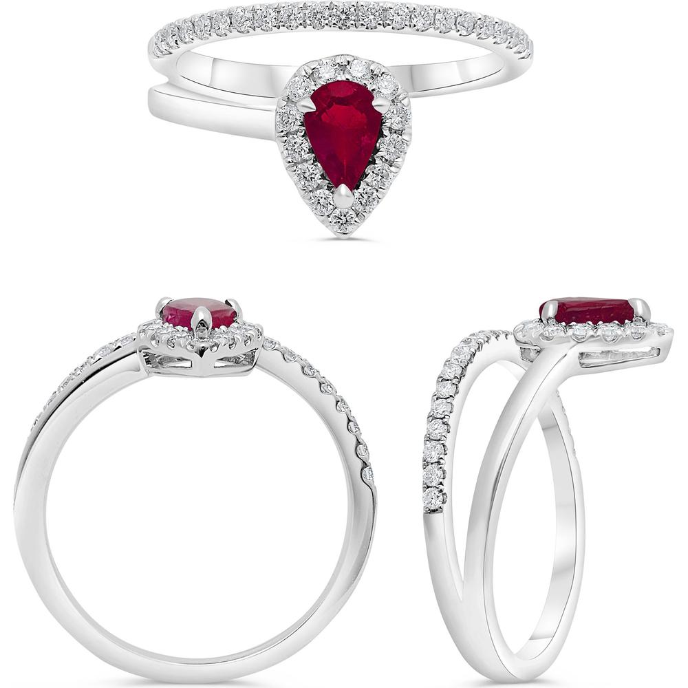 Roman & Jules - 14K White Gold Pear-Shaped Ruby Ring with Halo of Round Diamonds - 0.30 Carat Total Diamond Weight