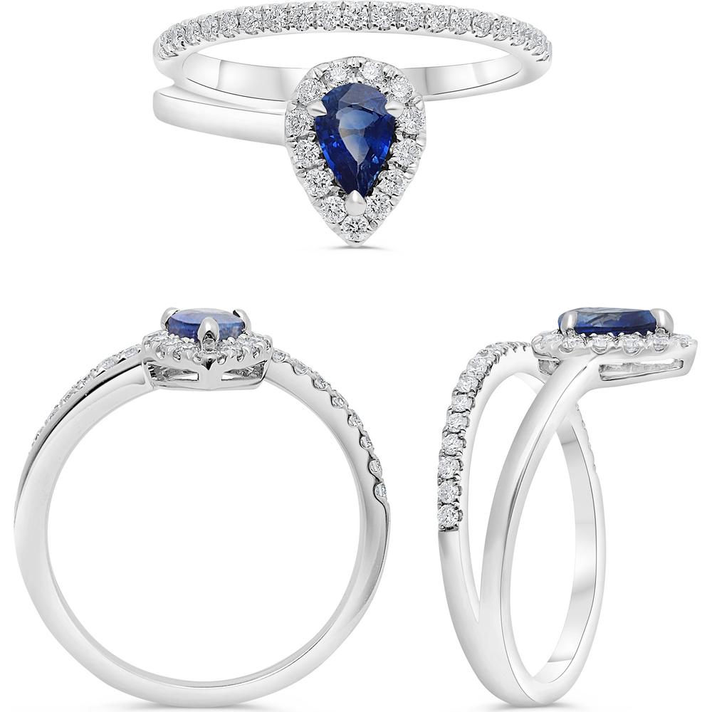 Roman & Jules - 14K White Gold Pear-Shaped Sapphire Halo Ring with Round Diamonds - 0.30 Carat Total Diamond Weight