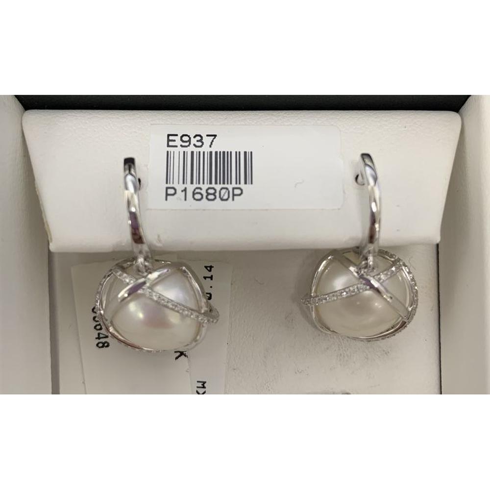 Roman & Jules - 14K White Gold Pearl Earrings with Round Diamonds - 0.29 Carat Total Diamond Weight