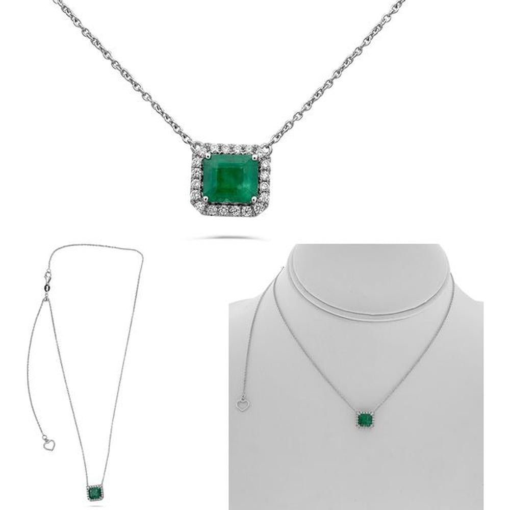 Roman & Jules - 14K White Gold Pendant Necklace with 1.20 Carat Radiant Emerald and Diamond Halo
