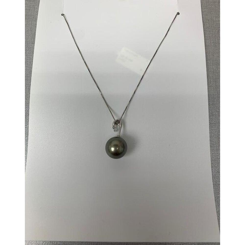 Roman & Jules - 14K White Gold Pendant Necklace with 12.5MM Pearl and 0.10 Carat Round Diamond