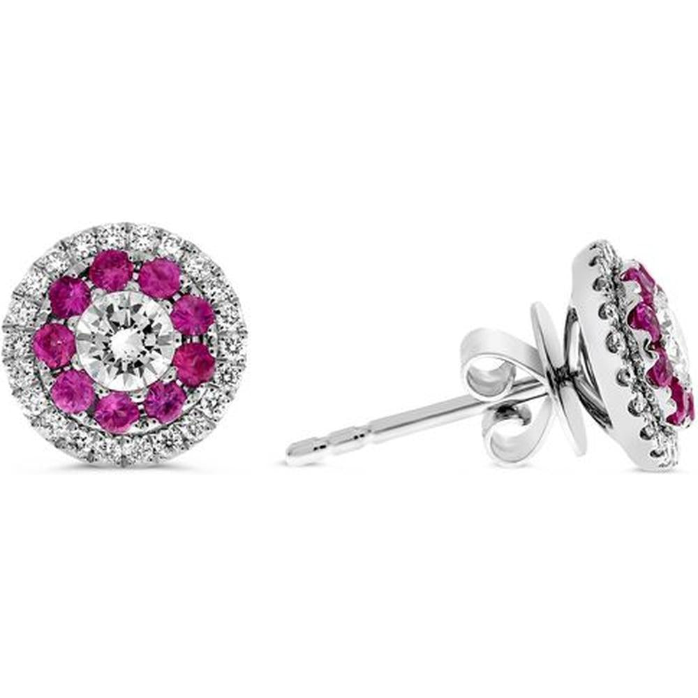 Roman & Jules - 14K White Gold Pink Sapphire and Round Diamond Halo Stud Earrings - 0.38 Carat Pink Sapphire, 0.36 Carat Diamond