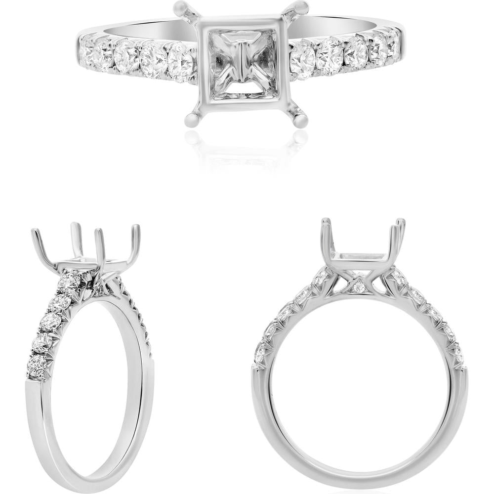 Roman & Jules - 14K White Gold Princess Cut Diamond Engagement Ring with French Pave Set Round Diamonds - 0.48 Carat Total Diamond Weight
