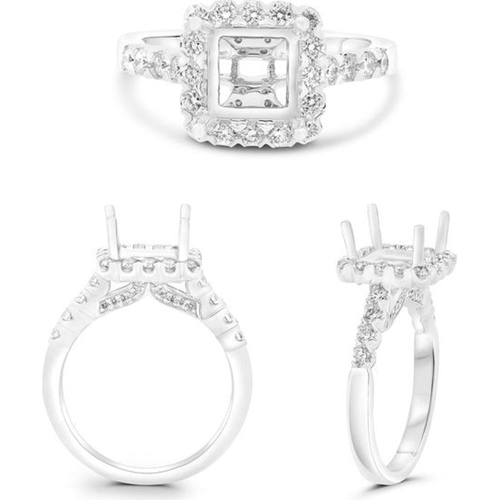 Roman & Jules - 14K White Gold Princess Cut Diamond Halo Ring with Fishtail Setting - 0.57 Carat Total Diamond Weight
