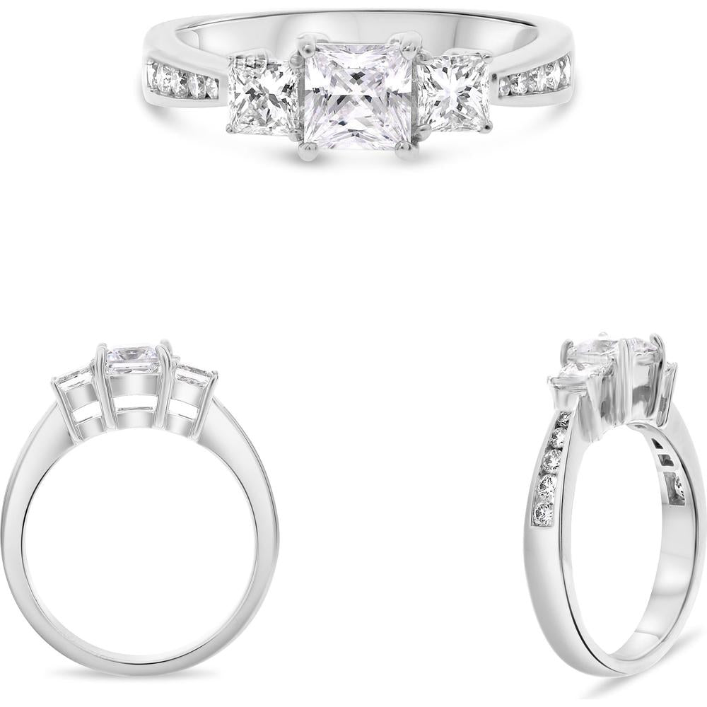 Roman & Jules - 14K White Gold Princess Cut Diamond Ring with Round Diamonds - 0.58 Carat Total Diamond Weight
