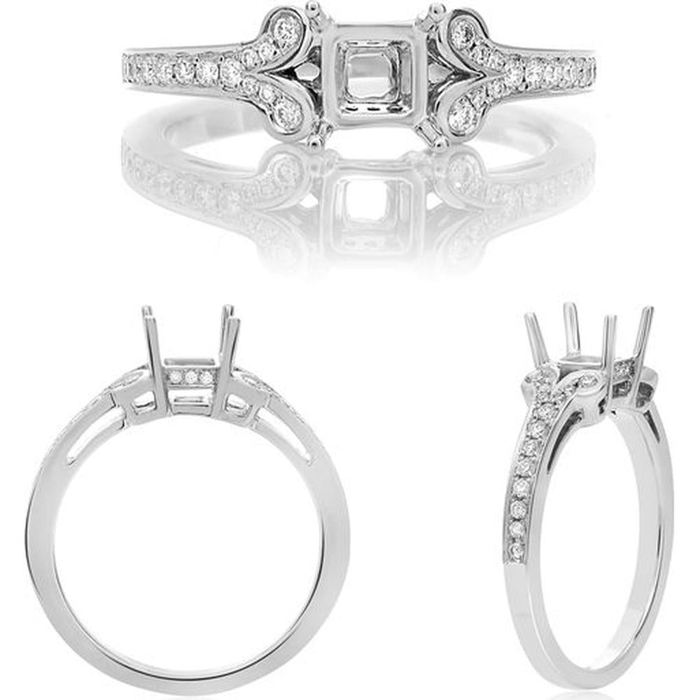 Roman & Jules - 14K White Gold Princess Cut Diamond Ring with Round Side Diamonds - 0.19 Carat Total Diamond Weight