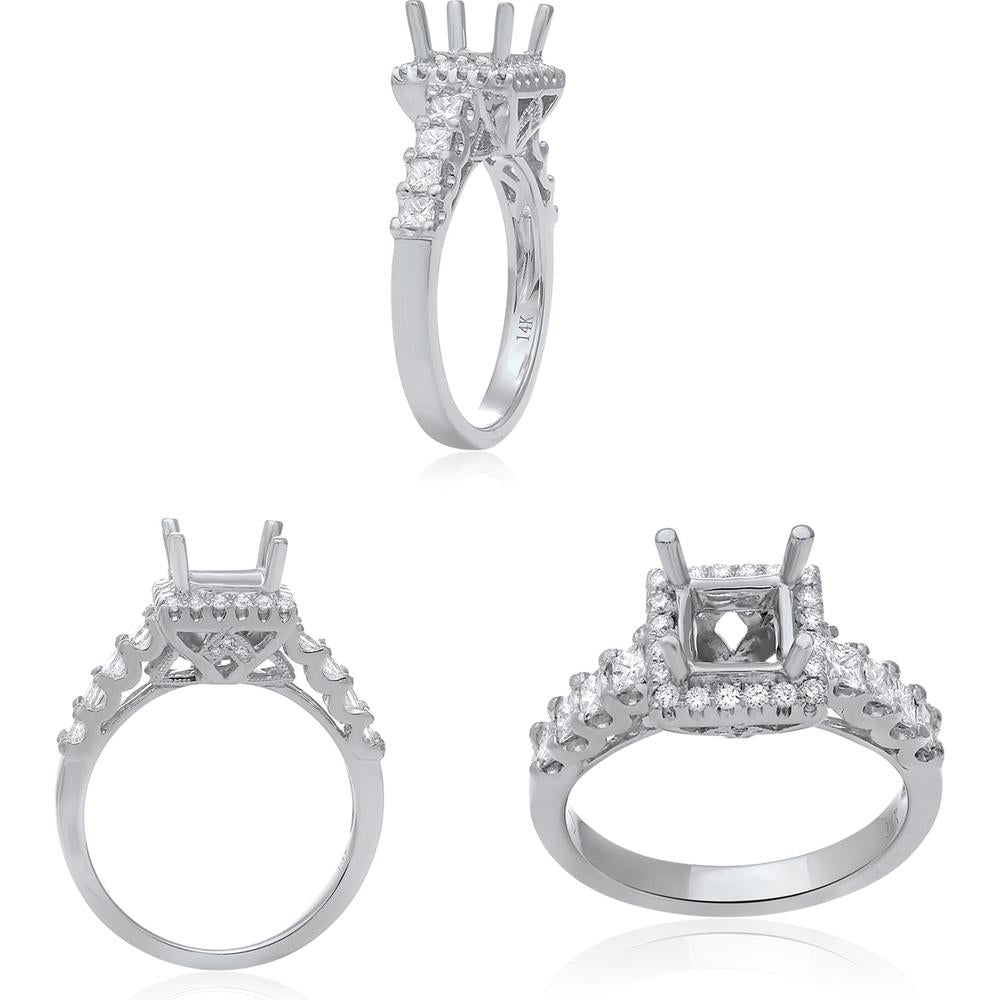 Roman & Jules - 14K White Gold Princess Cut Engagement Ring Setting with Diamond Halo - 0.45 Carat Total Diamond Weight