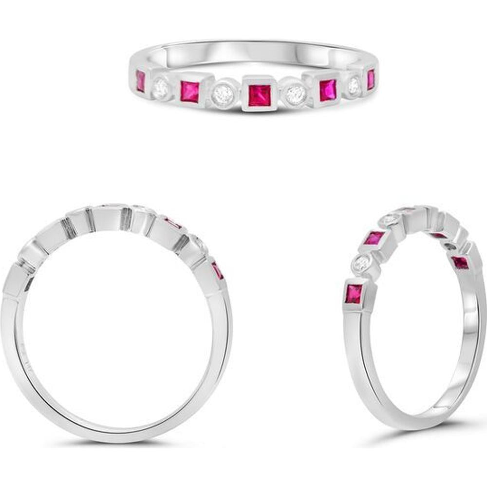 Roman & Jules - 14K White Gold Princess Cut Ruby Ring with Round Diamonds - 0.23 Carat Total Diamond Weight