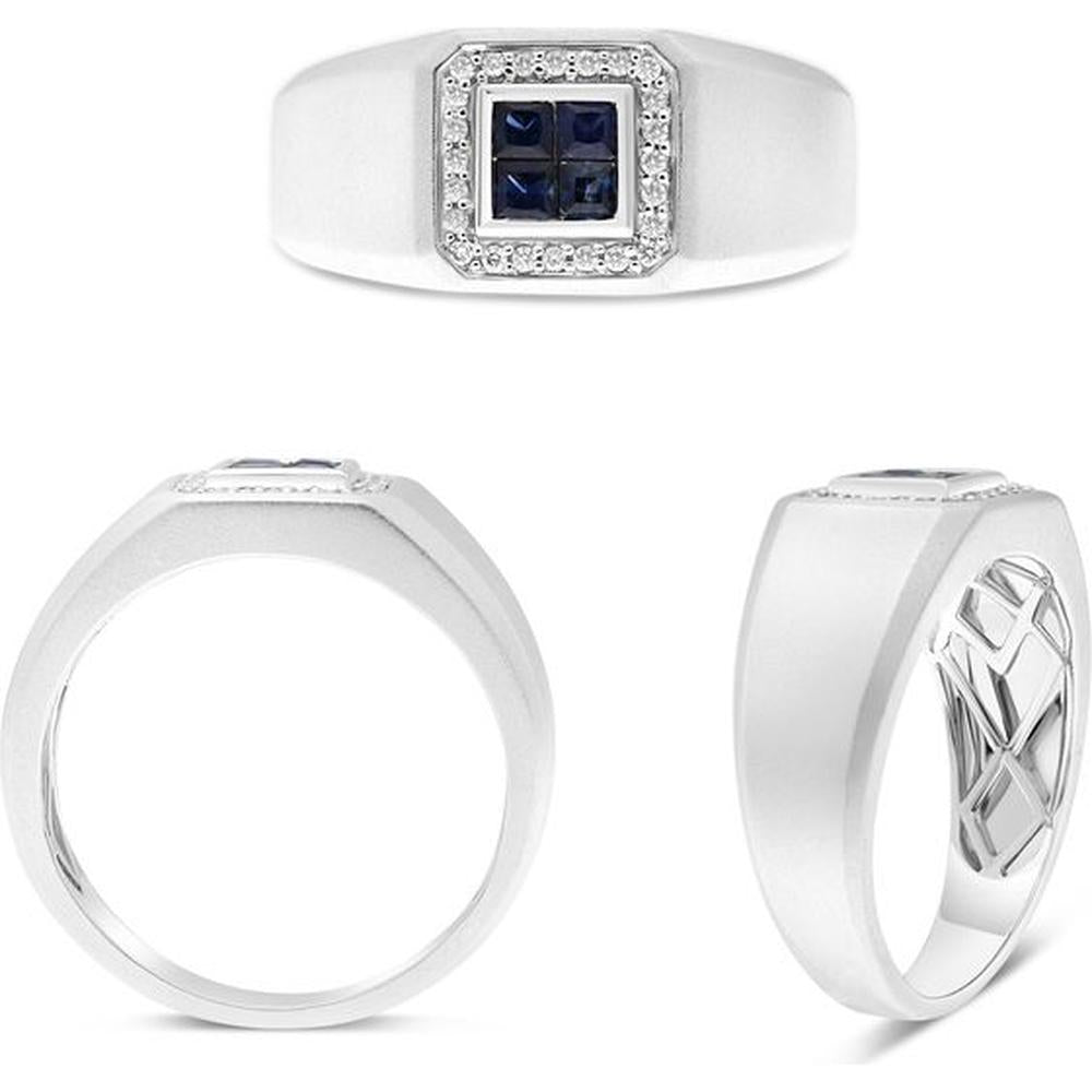 Roman & Jules - 14K White Gold Princess Cut Sapphire Men's Ring with Diamond Accents - 0.51 Carat Total Sapphire Weight