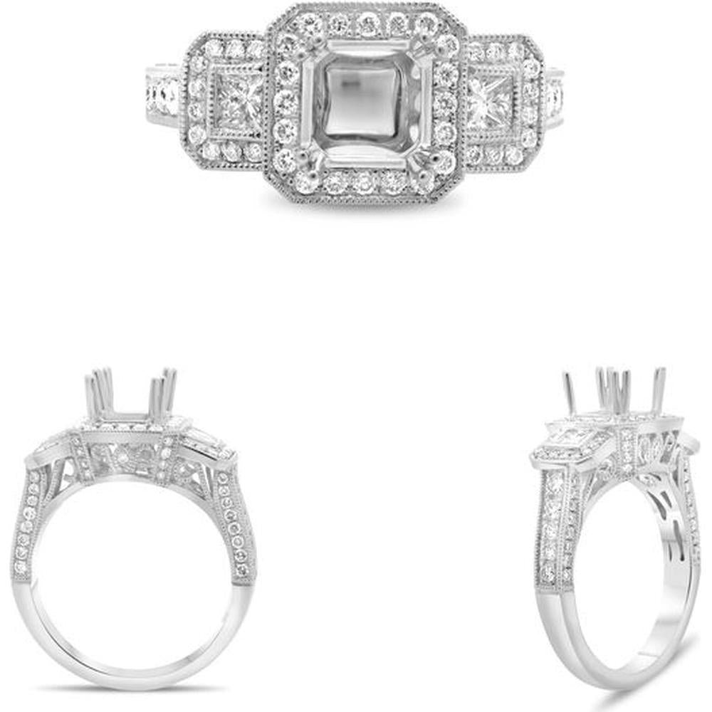 Roman & Jules - 14K White Gold Princess Cut Side Stone Engagement Ring with Round Diamonds - 0.68 Carat Total Diamond Weight