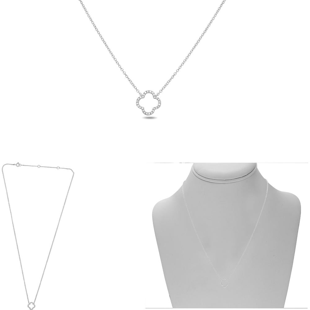 Roman & Jules - 14K White Gold Quatrefoil Necklace with Round Diamond Pave - 0.08 Carat Total Diamond Weight