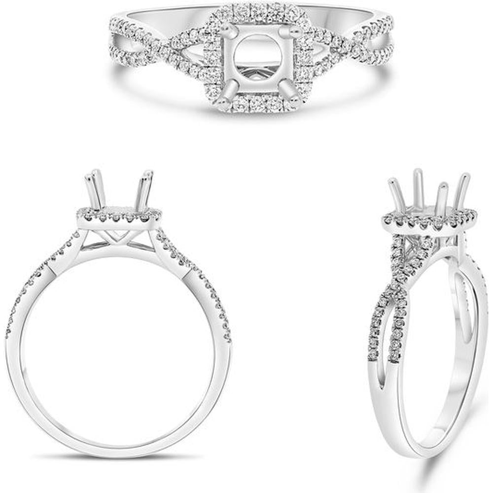 Roman & Jules - 14K White Gold Radiant Diamond Halo Ring with Twist Shank - 0.26 Carat Round Diamond