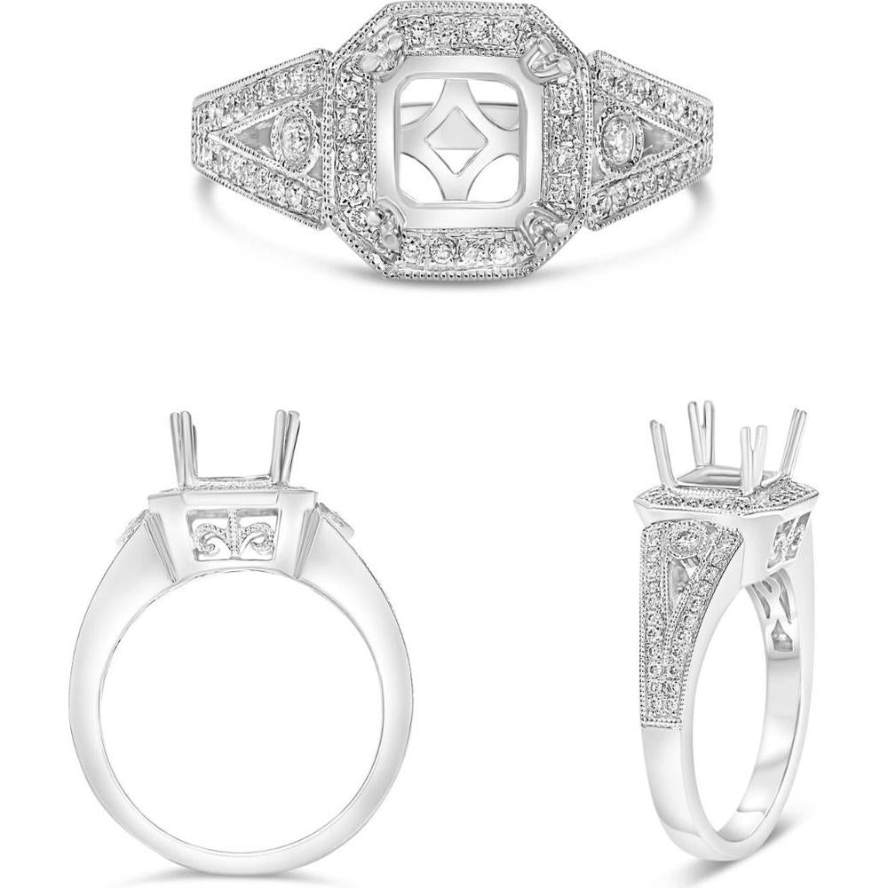 Roman & Jules - 14K White Gold Radiant Diamond Ring with Halo and Split Shank Design - 0.34 Carat Total Diamond Weight.