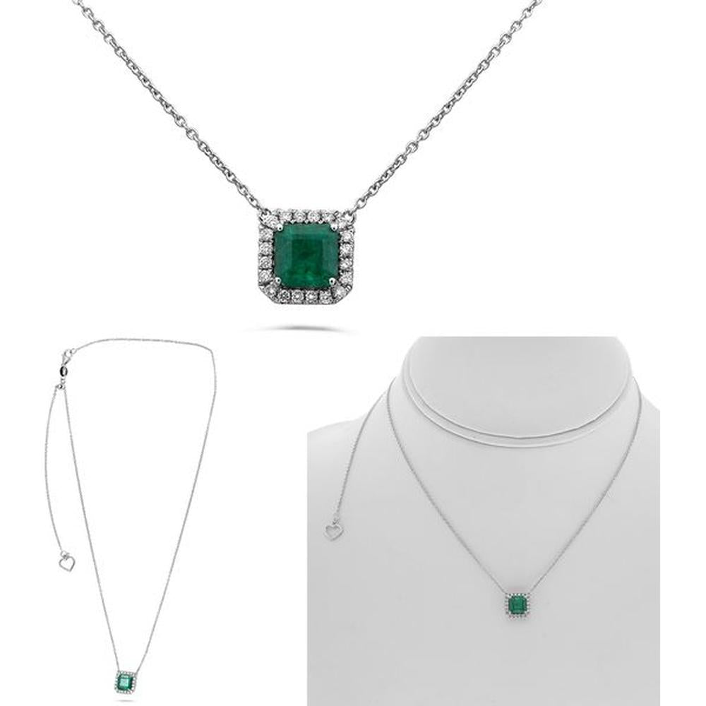 Roman & Jules - 14K White Gold Radiant Emerald Necklace with Round Diamond Halo - 0.70 Carat Emerald, 0.17 Carat Total Diamond Weight