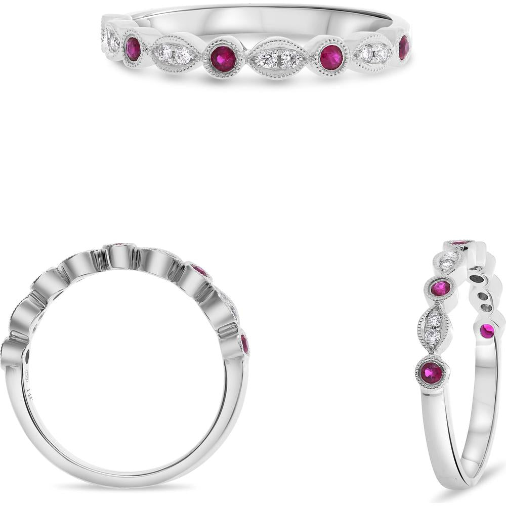 Roman & Jules - 14K White Gold Ring with Round Rubies and Diamonds - 0.13 Carat Total Diamond Weight