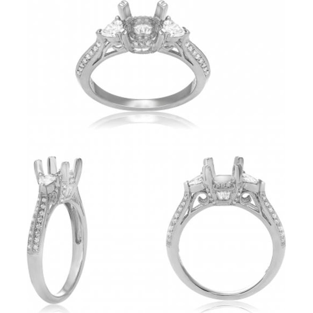 Roman & Jules - 14K White Gold Round Diamond 3-Stone Ring with Baguette Diamonds - 0.16 Carat Total Round Diamond Weight