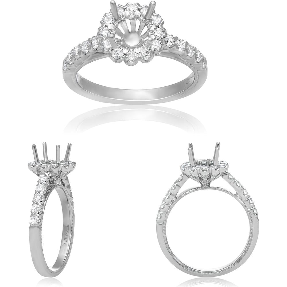 Roman & Jules - 14K White Gold Round Diamond Halo Ring with Milgrain Detail - 0.62 Carat Total Diamond Weight