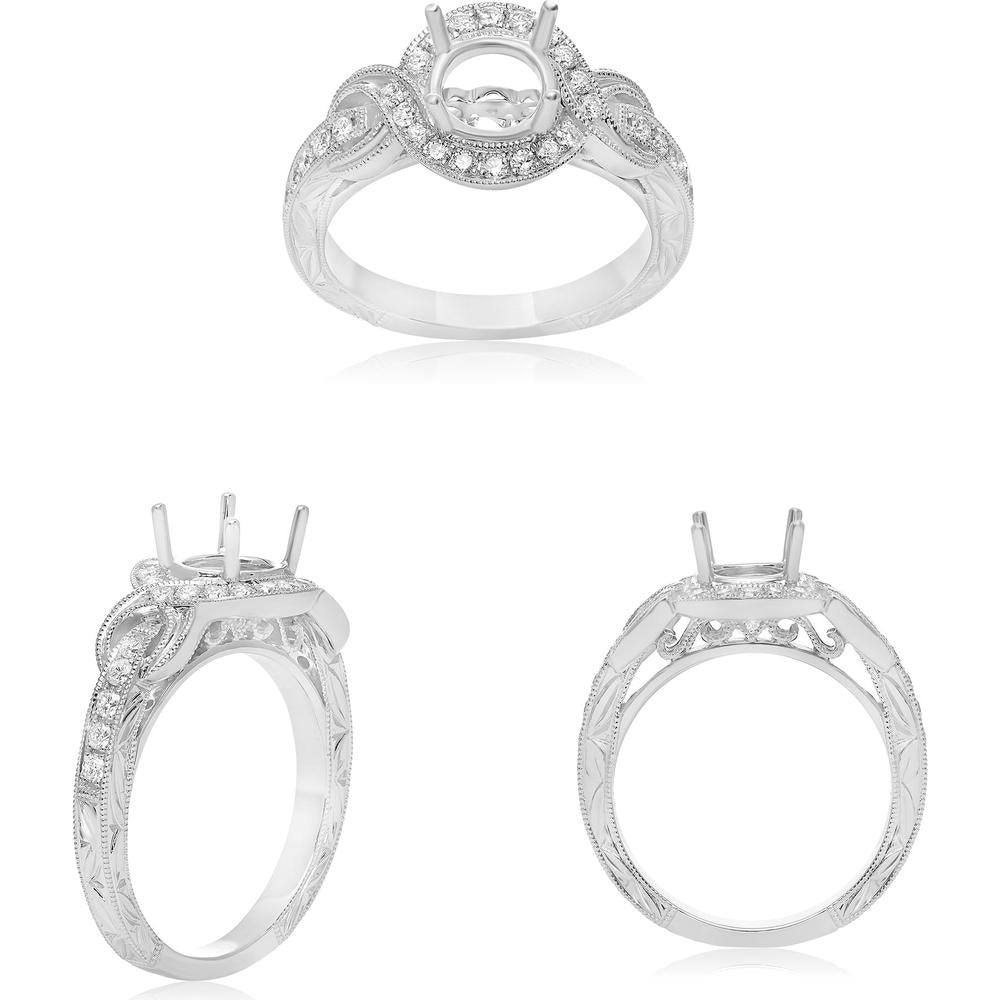 Roman & Jules - 14K White Gold Round Diamond Halo Ring with Milgrain Detailing - 0.38 Carat Total Diamond Weight