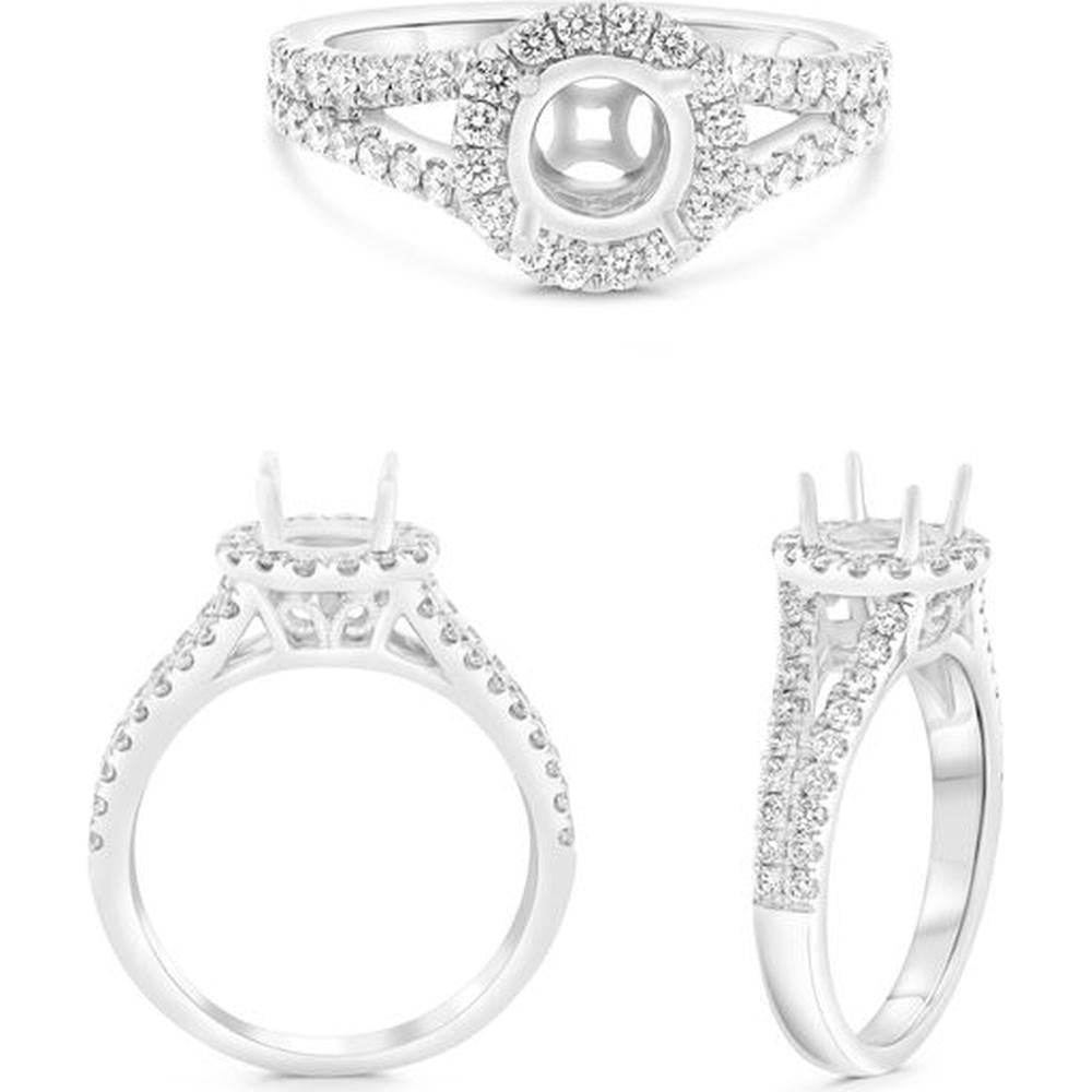 Roman & Jules - 14K White Gold Round Diamond Halo Ring with Split Shank Design - 0.58 Carat Total Diamond Weight