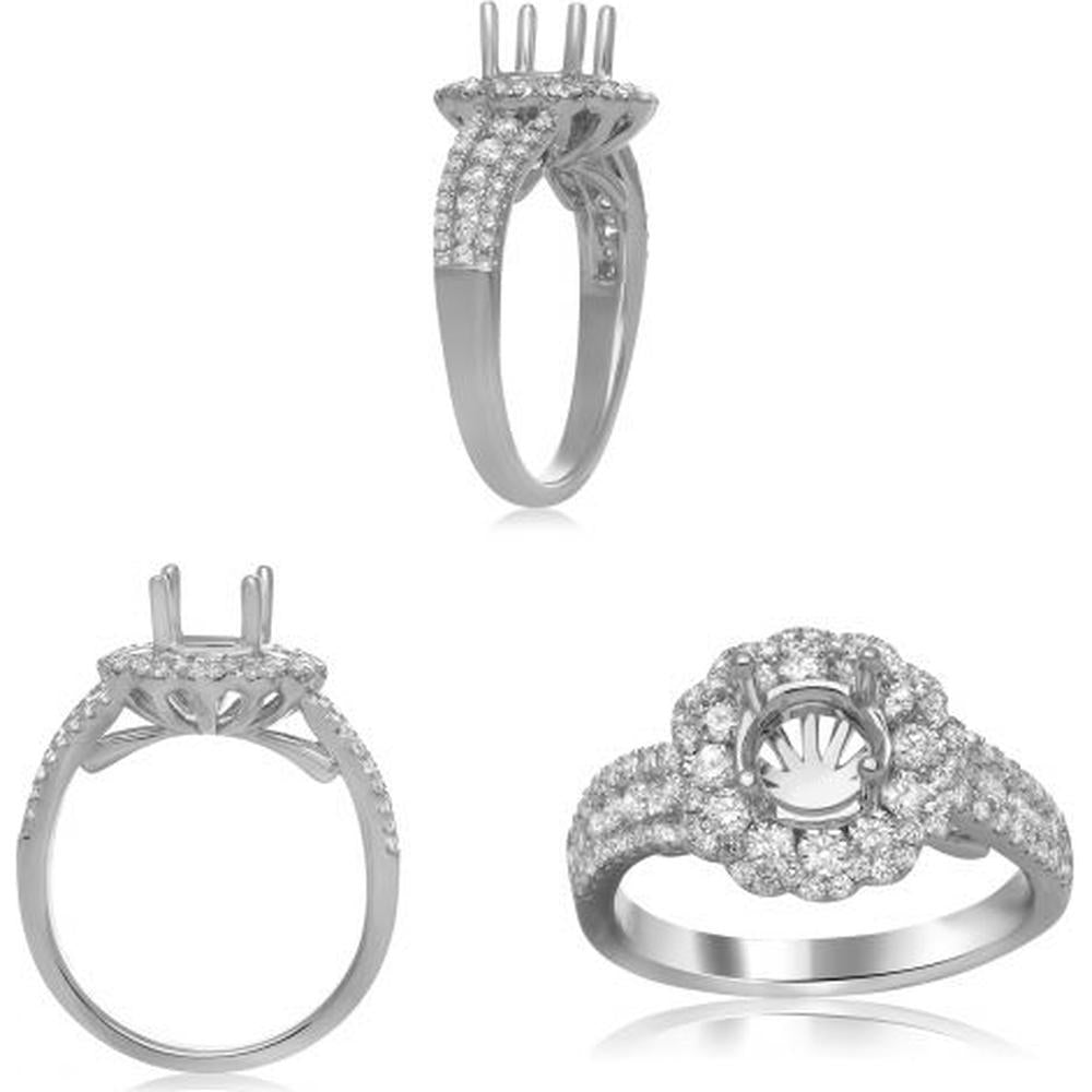 Roman & Jules - 14K White Gold Round Diamond Halo Ring with Triple Shank - 0.92 Carat Total Diamond Weight.