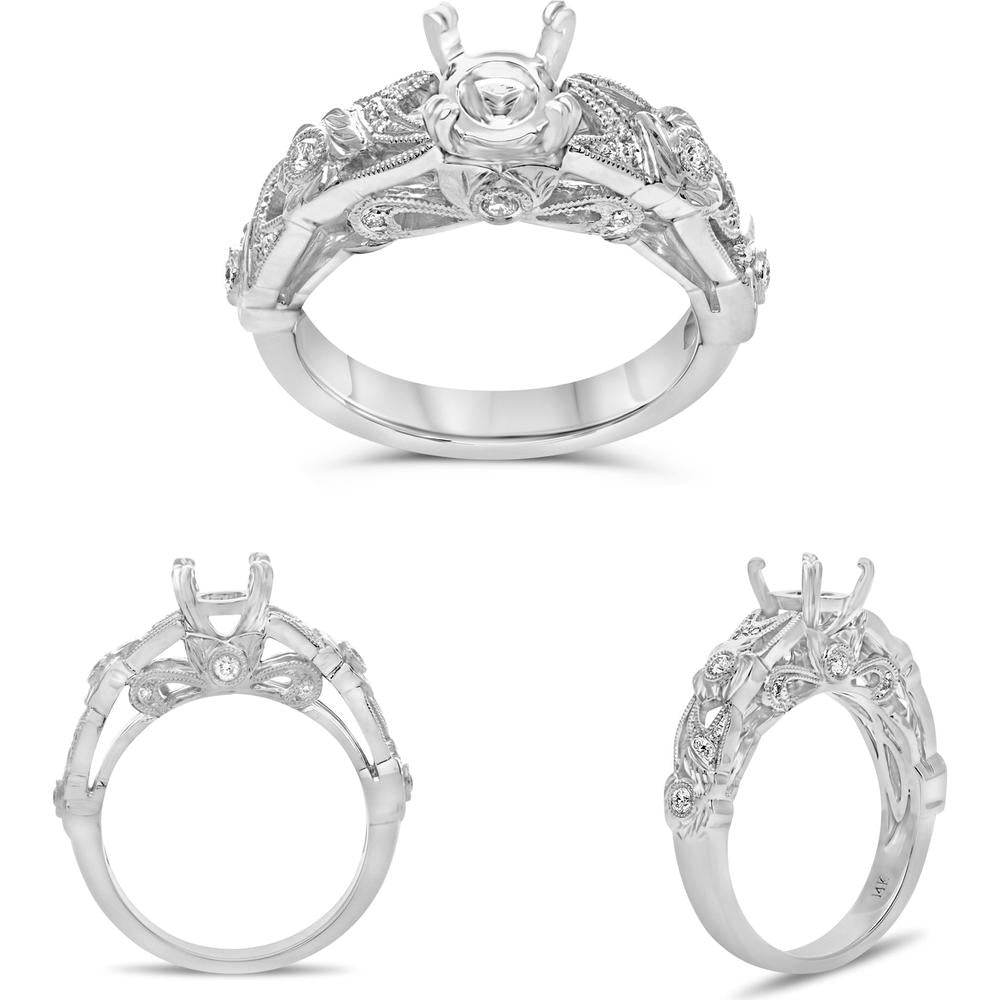Roman & Jules - 14K White Gold Round Diamond Ring with Milgrain Detailing - 0.17 Carat Total Diamond Weight