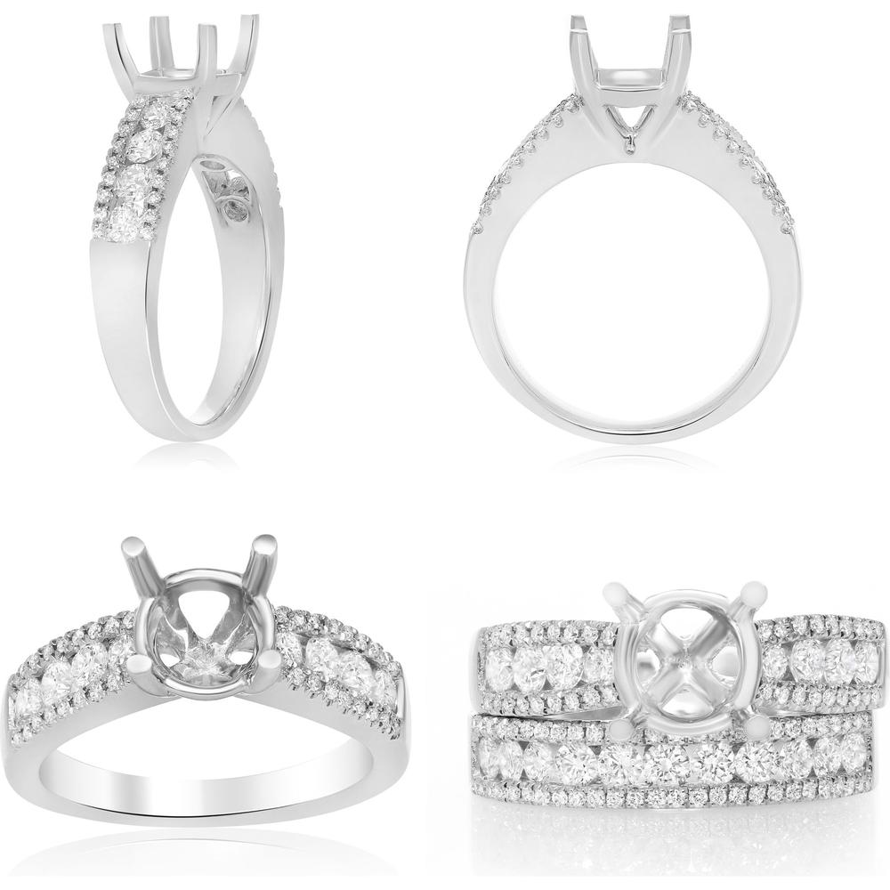 Roman & Jules - 14K White Gold Round Diamond Ring with Pavé Set Band - 0.70 Carat Total Diamond Weight
