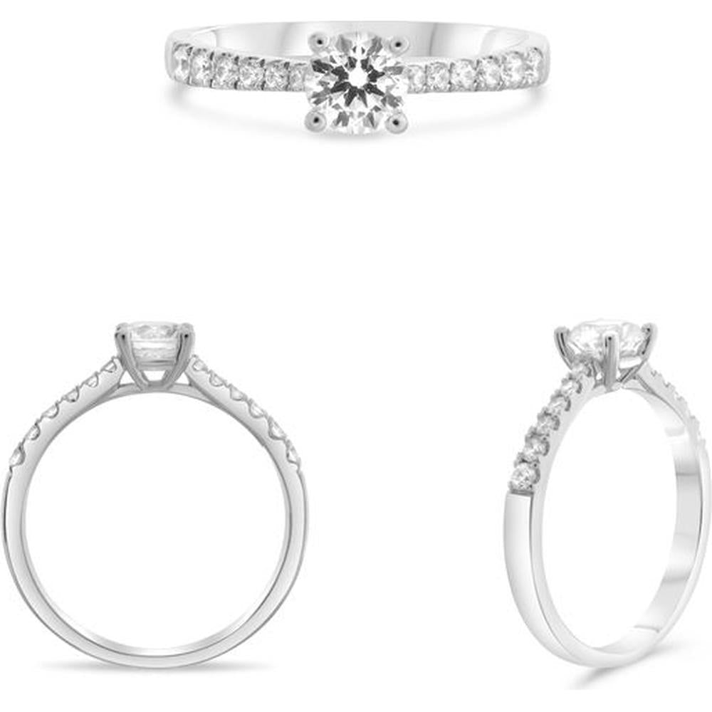 Roman & Jules - 14K White Gold Round Diamond Ring with Tapered Shank - 0.19 Carat Diamond Weight