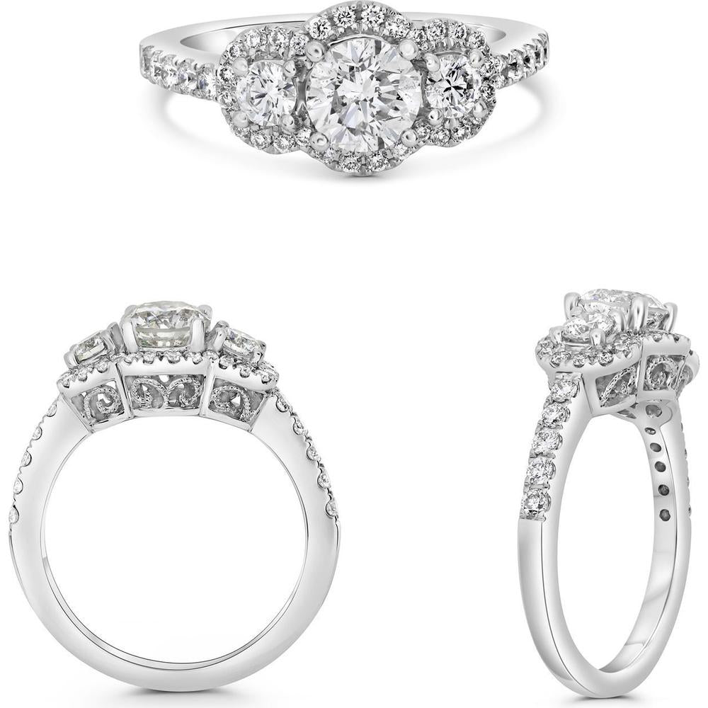 Roman & Jules - 14K White Gold Round Diamond Ring with TS Halo - 1.03 Carat Total Diamond Weight