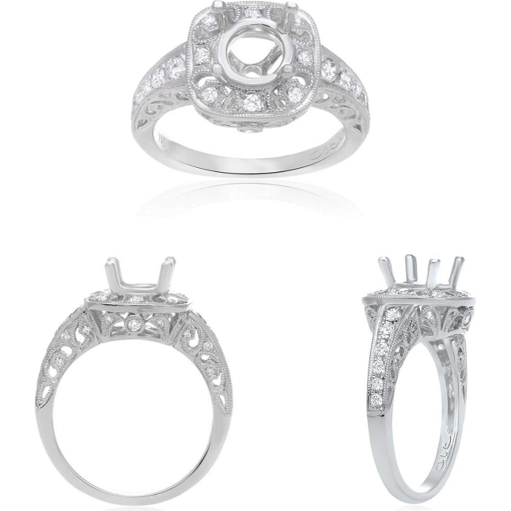 Roman & Jules - 14K White Gold Round Diamond Ring with Vintage-Inspired Milgrain and Filigree Details - 0.45 Carat Total Diamond Weight