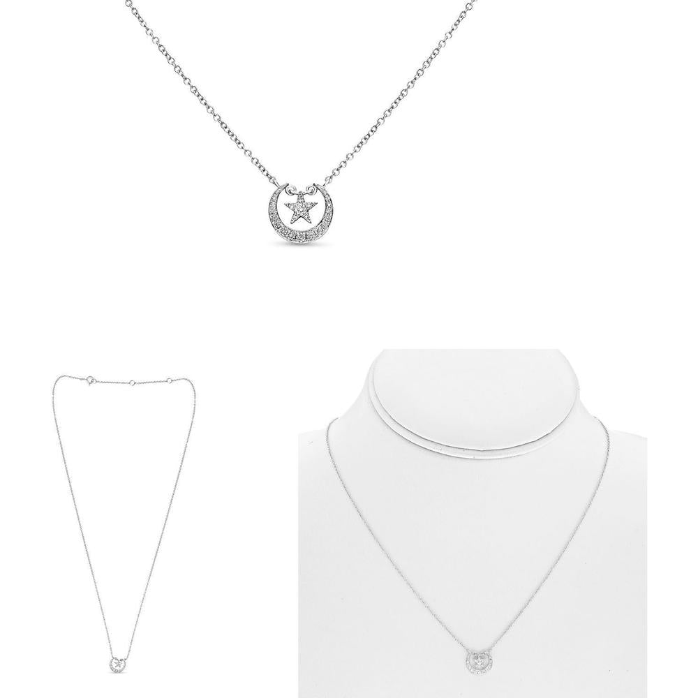 Roman & Jules - 14K White Gold Round Diamond Star and Crescent Moon Necklace - 0.14 Carat Total Diamond Weight