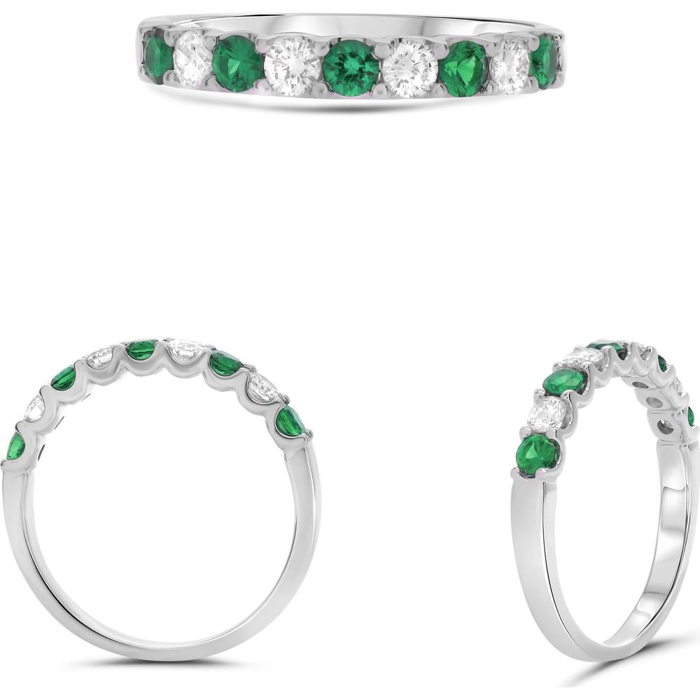 Roman & Jules - 14K White Gold Round Emerald and Diamond Band Ring with Shared Prong Setting - 0.28 Carat Diamond, 0.22 Carat Emerald Total Gem Weight