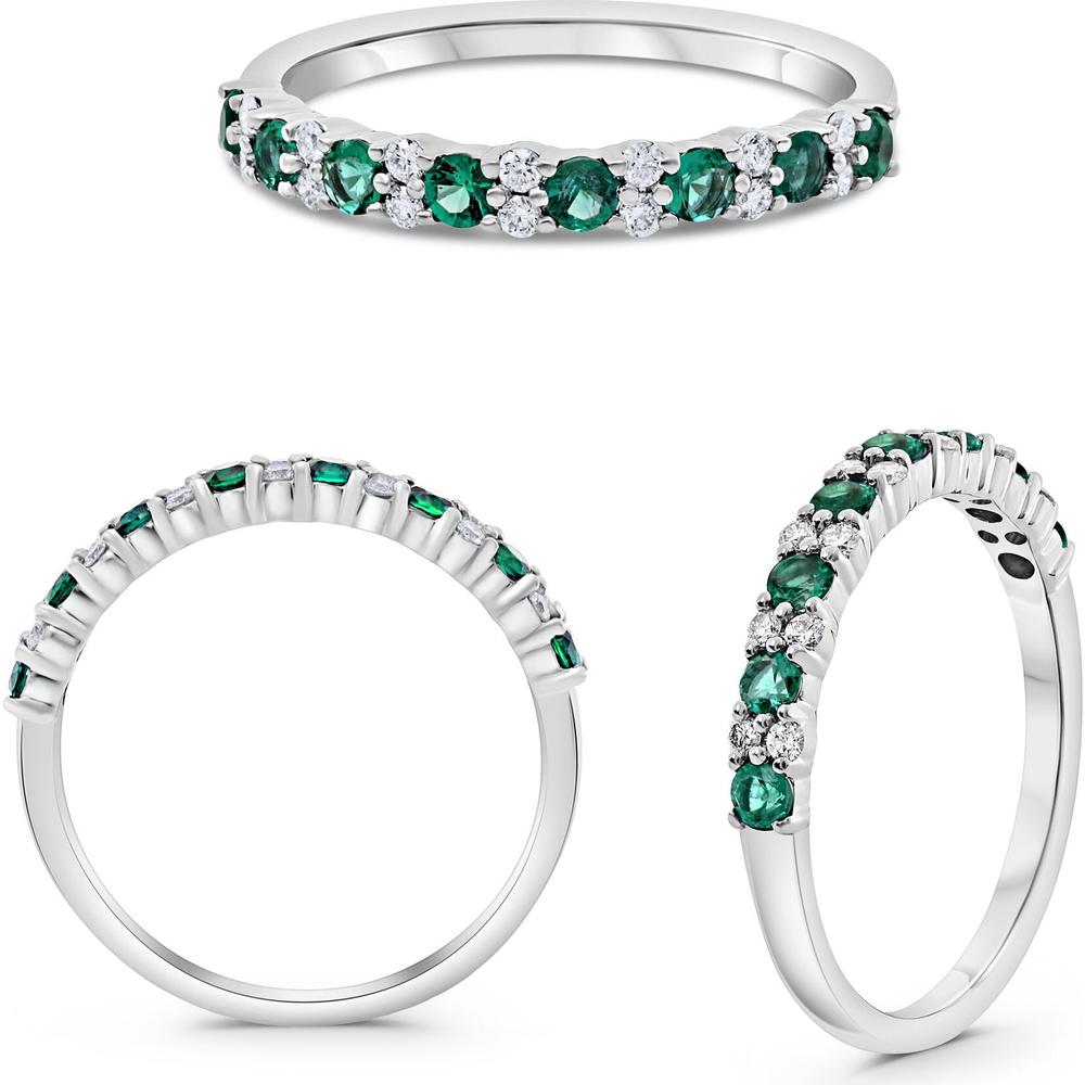 Roman & Jules - 14K White Gold Round Emerald and Diamond Half-Way Band Ring - 0.50 Carat Total Emerald and Diamond Weight