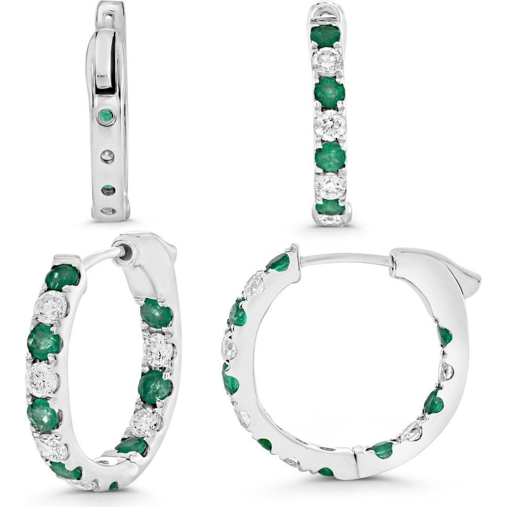 Roman & Jules - 14K White Gold Round Emerald Hoop Earrings with Micropavé Set Round Diamonds - 0.62 Carat Total Gem Weight