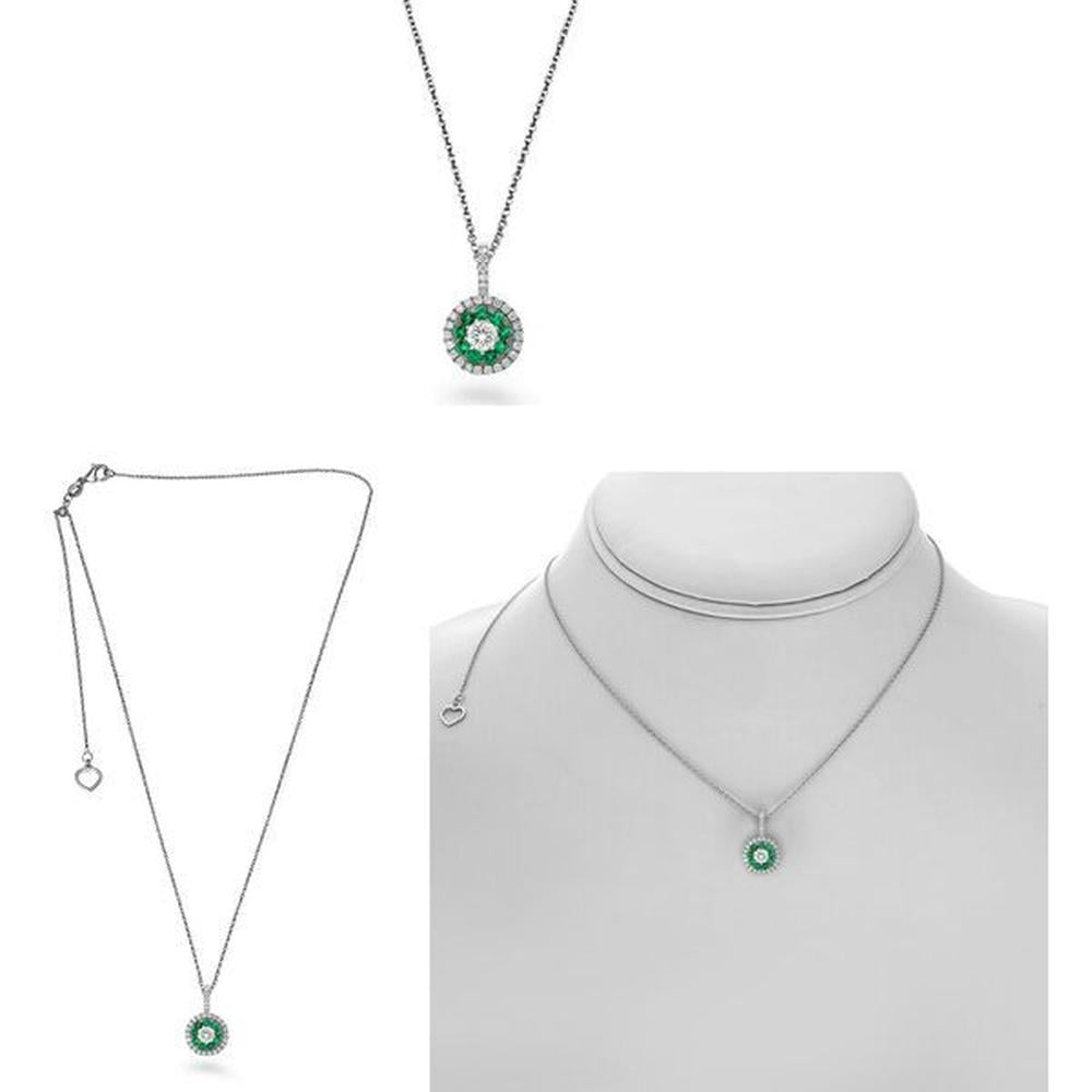 Roman & Jules - 14K White Gold Round Emerald Pendant Necklace with Round Diamond Halo - 0.33 Carat Total Gemstone Weight