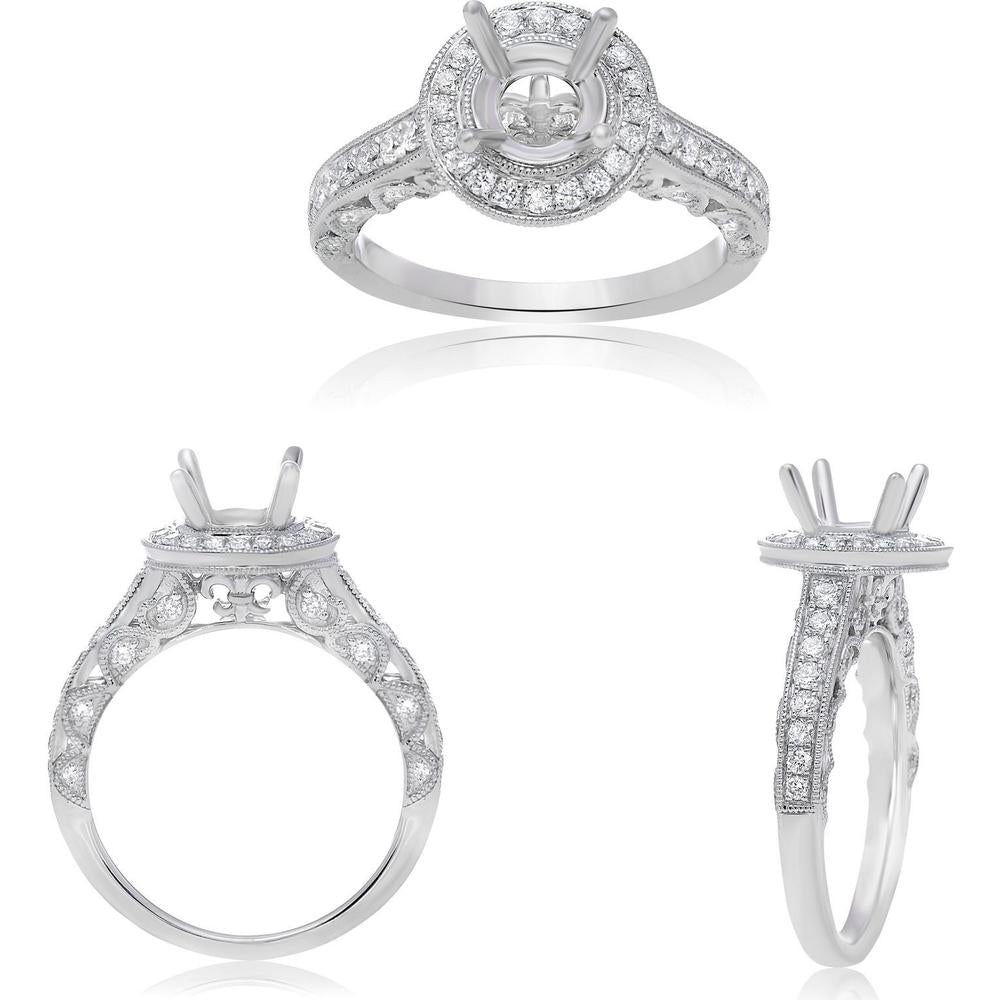 Roman & Jules - 14K White Gold Round Halo Engagement Ring Setting with 0.57 Carat Total Diamond Weight