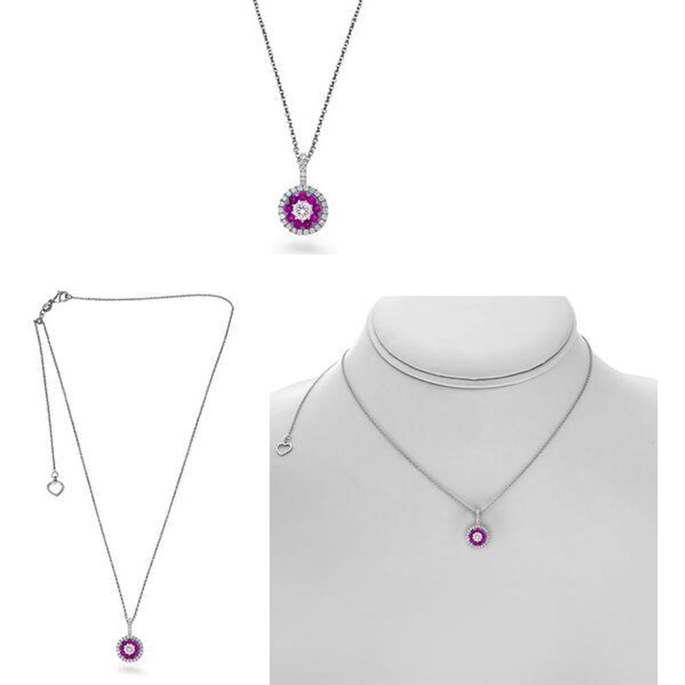 Roman & Jules - 14K White Gold Round Pink Sapphire Necklace with Diamond Halo - 0.39 Carat Total Gemstone Weight