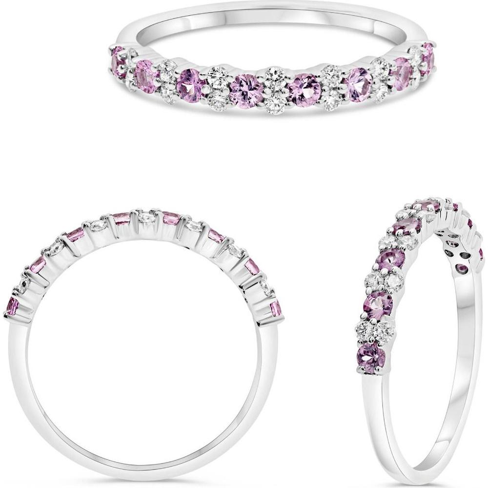 Roman & Jules - 14K White Gold Round Pink Sapphire Ring with Diamond Accents - 0.38 Carat Total Pink Sapphire Weight, 0.18 Carat Total Diamond Weight
