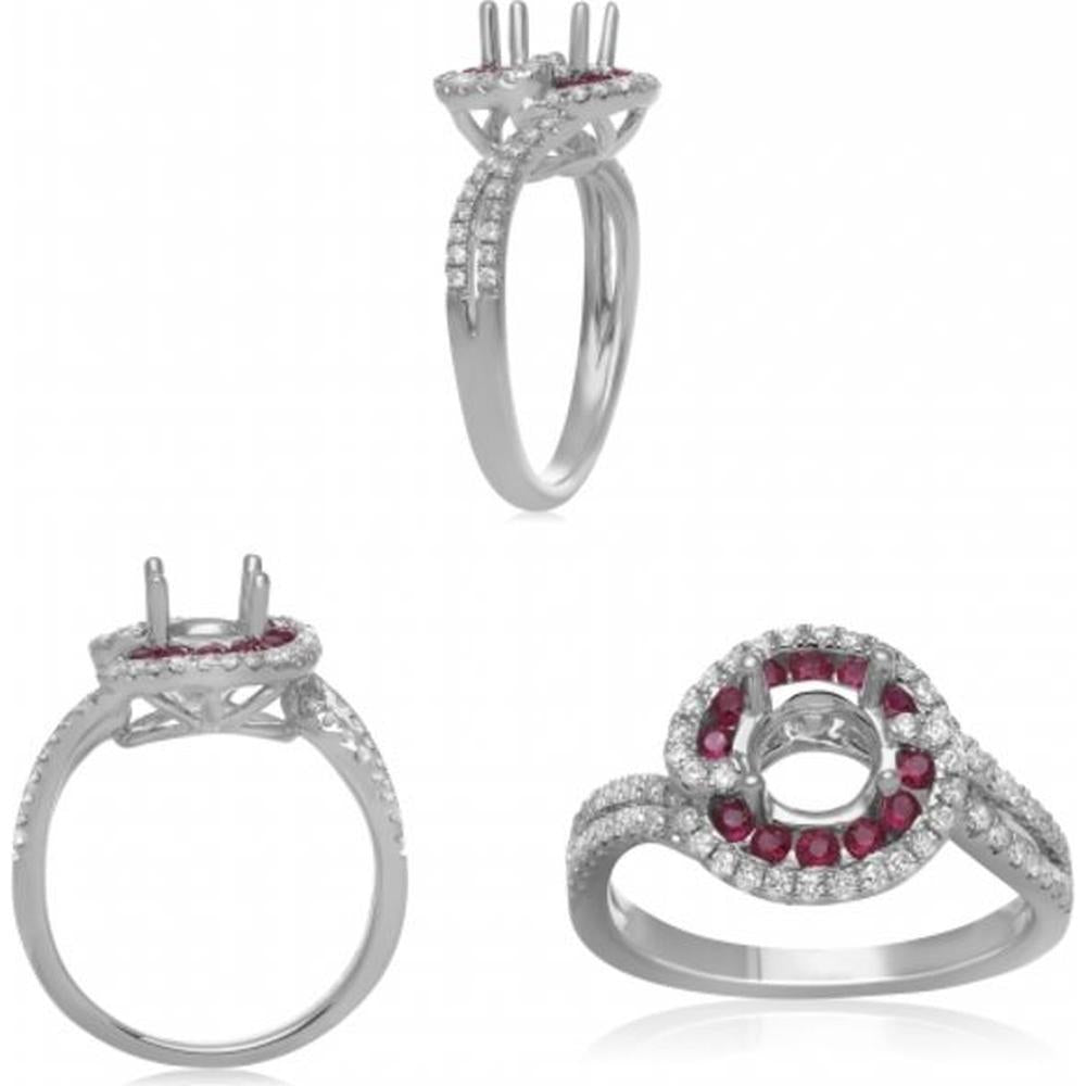 Roman & Jules - 14K White Gold Round Ruby and Diamond Halo Ring with Split Shank - 0.32 Carat Total Diamond Weight