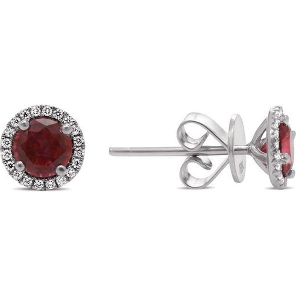 Roman & Jules - 14K White Gold Round Ruby Halo Stud Earrings with 0.08 Carat Round Diamonds - 1.50 Carat Total Ruby Weight