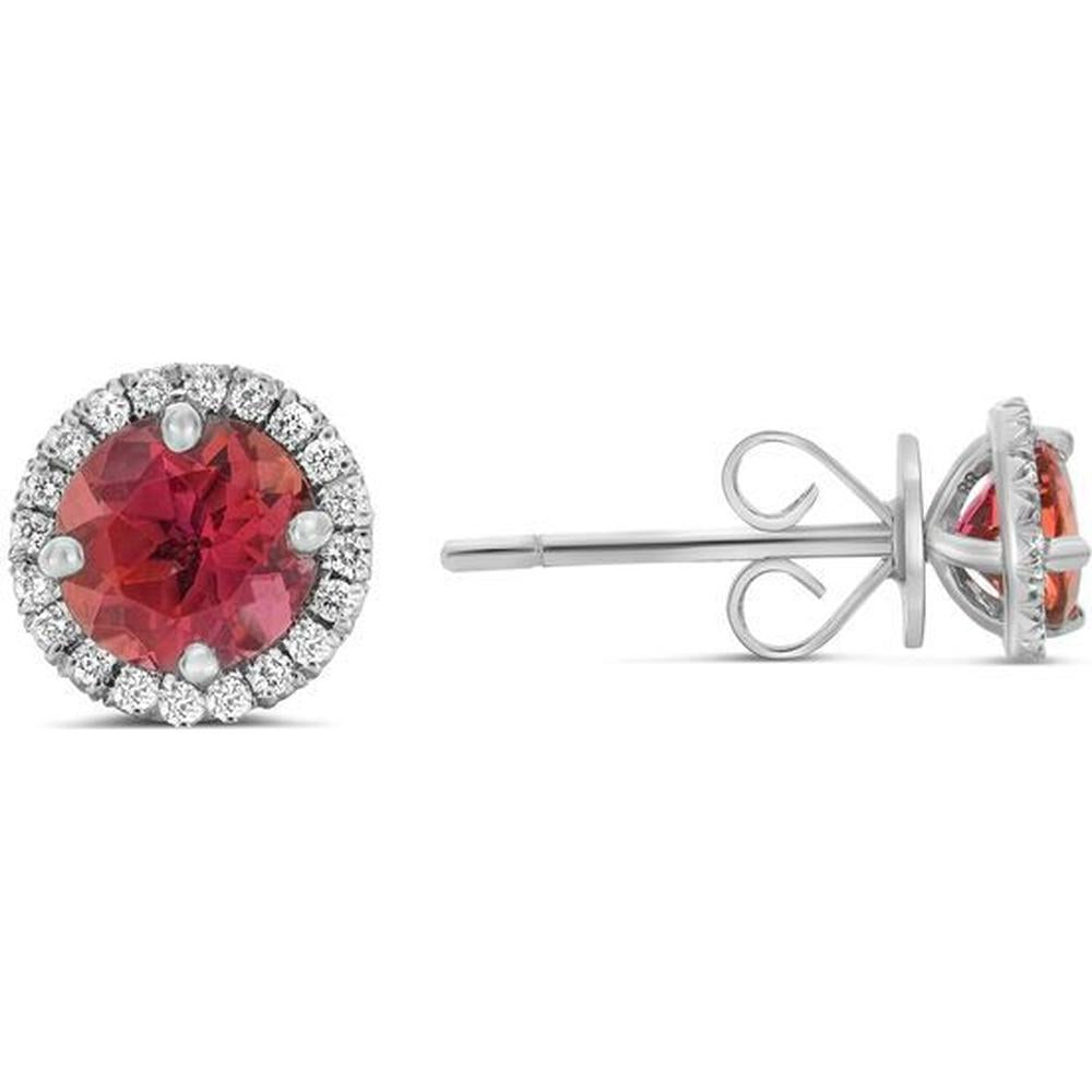 Roman & Jules - 14K White Gold Round Ruby Halo Stud Earrings with Diamonds - 1.45 Carat Total Ruby Weight